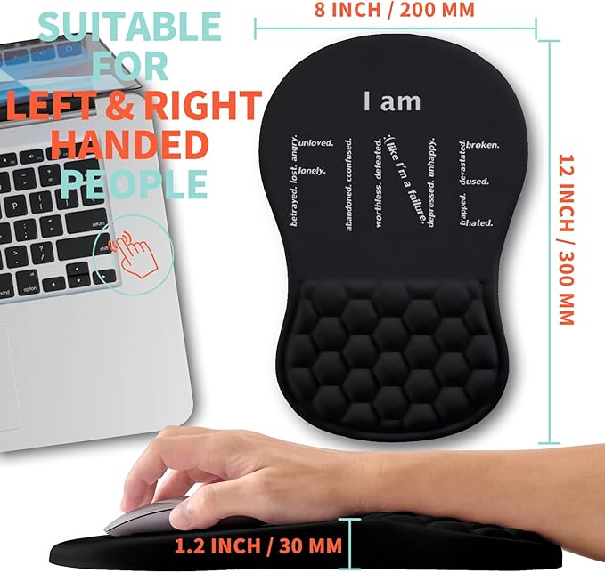Ergonomic Mouse Pad Wrist Support with Memory Foam Massage Bulge, Carpal Tunnel Mousepad Wrist Rest for Mouse(12x8 inch, I Am Fine)