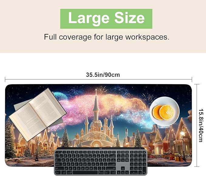 Desk Mat, XXL Extended Gaming Pad for Desktop, 35x16 Inches Magical Castle Fairytale Scene, Large Non-Slip Vegan Leather Keyboard Mouse Mat for Home Office