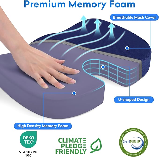 Office Chair Cushions, Memory Foam Coccyx Cushion for Tailbone Support Office Chair Car Seat, Sciatica, Coccyx, Lower Back Support (Blue)