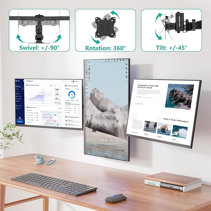 WALI Triple Monitor Wall Mount for 32" Screens，Each Arm Holds up to 19.8 lbs.Swivel Tilt Curved Wall Mount with Mounting Holes 75x75/100x100mm.(013ARMN), Black