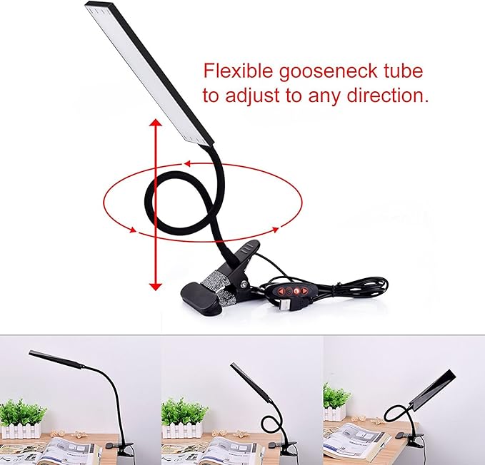 LED Desk Lamp - Dimmable Eye-Care Reading Light with Adjustable 3 Color Modes, 14 Brightness Levels, Flexible Gooseneck Clip-on Light for Studying, 5W-Black