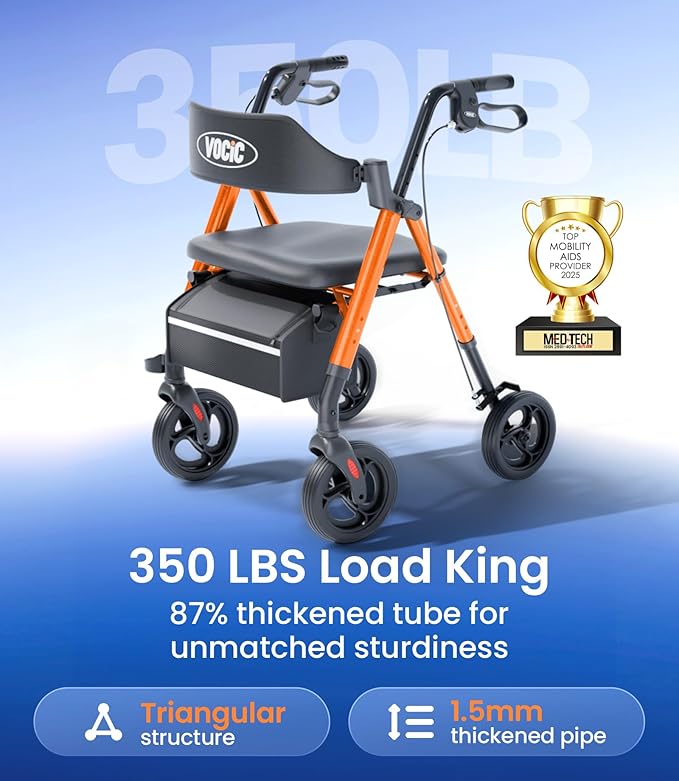 VOCIC Walkers for Seniors, Z21 Rollator Walker with Seat Supports 350lb, 8" Big Wheels for All Terrain, Ergonomic Arc Seat & 6" Ultra Backrest Foldable Walker, Dual Height Adjustment, Lightweight 2026