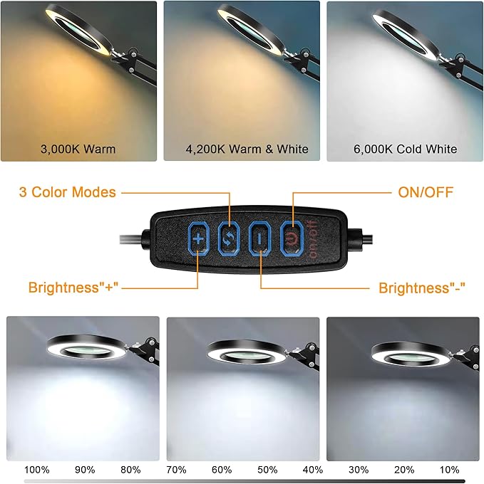 10X Magnifying Glass with Light and Stand, Magnifier with Light Hands Free, 3 Color Modes 10 Level Dimmable, Magnifying Real Glass LED Desk Lamp for Close Work, Repair, Reading, Craft, Black