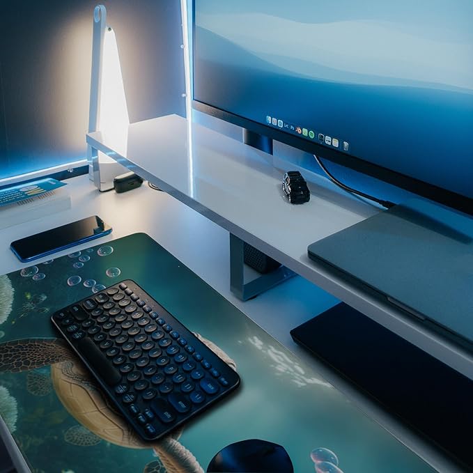 Desk Mat, Cute Turtle Smiling Under The Sea Extended Gaming Mouse Pad Large, 31.5"x11.8" Big Mouse Pad with Non-Slip Base and Stitched Edge, Long Computer Keyboard Mouse Mat for Home Office Work