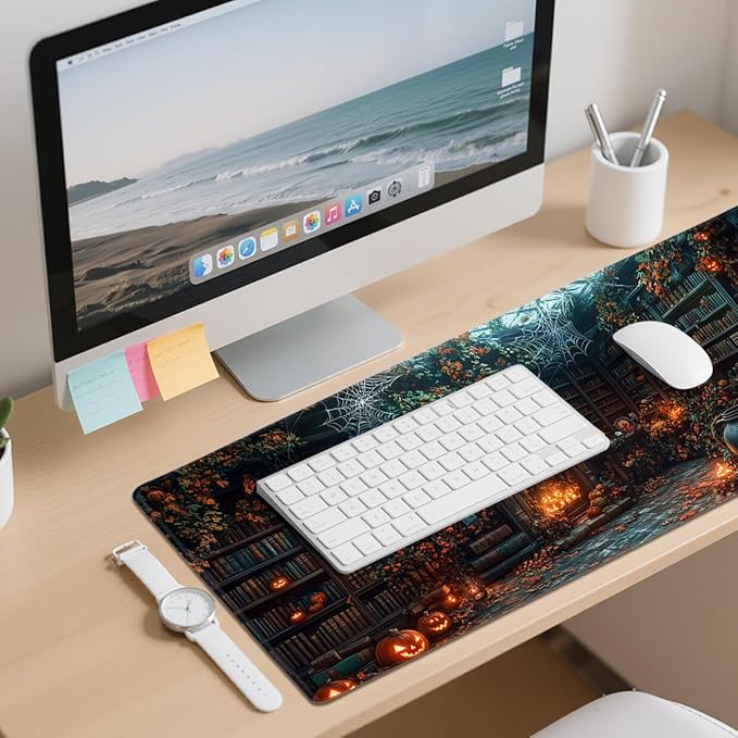 Library Desk Mat Gaming Mouse Pad Pumpkin Bookshelf Halloween Fireplace Mousepads Computer Keyboard Pad Mouse Mat Laptop Mat 31.5 x 11.8 Mouse Pads for Desk Home Office Gaming