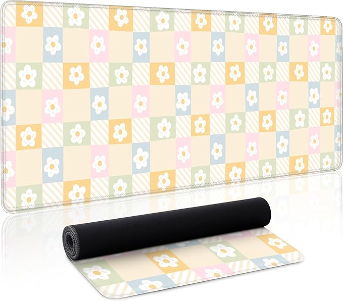 Cute Checkered Mouse Pad Large Desk Mat Extended Keyboard XL Mouse Pad Kawaii Mousepad with Non-Slip Base and Stitched Edge Daisy Mouse Mat Desk Pad 31.5 x 11.8 in Mouse Pads for Desk Home Office