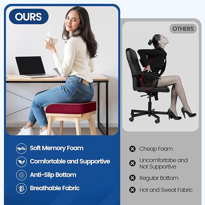 Seat Cushion for Coccyx & Lumbar Support, Office Chair Cushion, Memory Foam Large Chair Cushion with Non-Slip Cover for Soft Ergonomic Support at Office Chair, Car Seat, Airplane, Red/X-Large