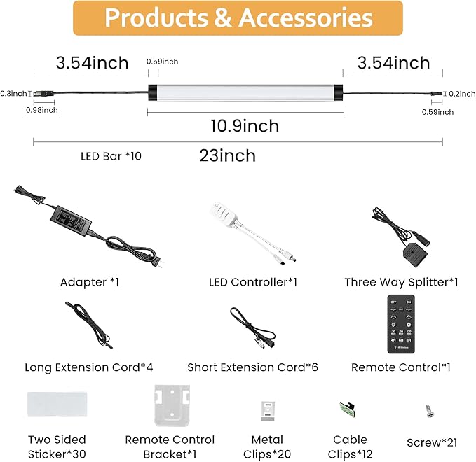 Under Cabinet Lights Kit, LED Smart Dimmable Strip Lighting Fixtures, 24V Plug in Linkable Bar LED Counter Lights for Pantry, Kitchen, Shelf, Bookcases, Showcase (10 PCS, Cold White)