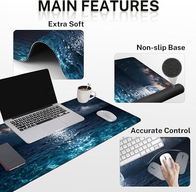 Arttown Moonlight Night Desk Mat Seascape Mouse Pad Set 4 in 1 Romantic Wave Ergonomic Design Large Desk Pad + Keyboard Wrist Rest + Mouse Wrist Rest + Coaster Suitable for Home Office Study Game