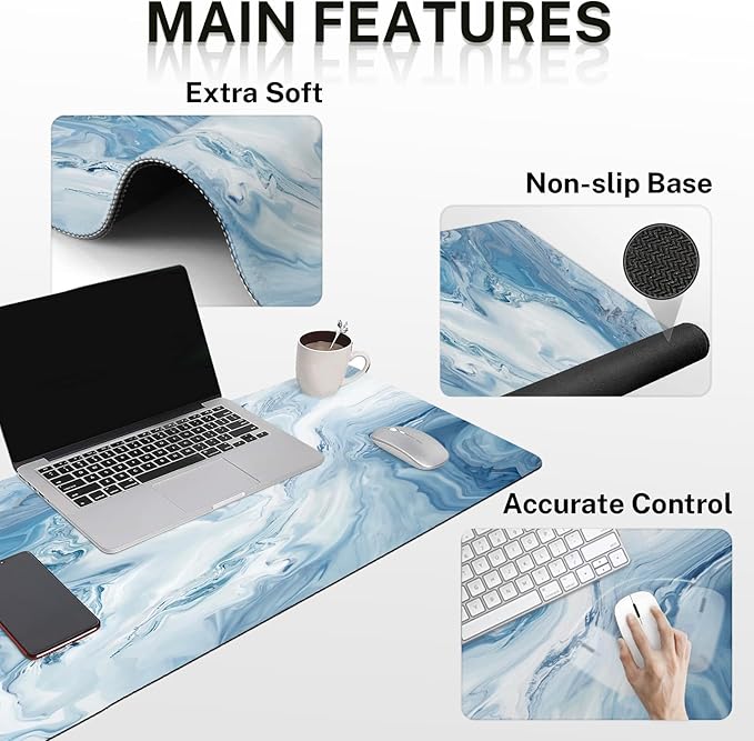 Arttown Blue White Gradient Desk Mat Abstract Ocean Marble Mouse Pad Set 4 in 1 Ergonomic Design Large Mousepad + Keyboard Wrist Rest + Mouse Wrist Rest + Coaster Suitable for Home Office Study Game