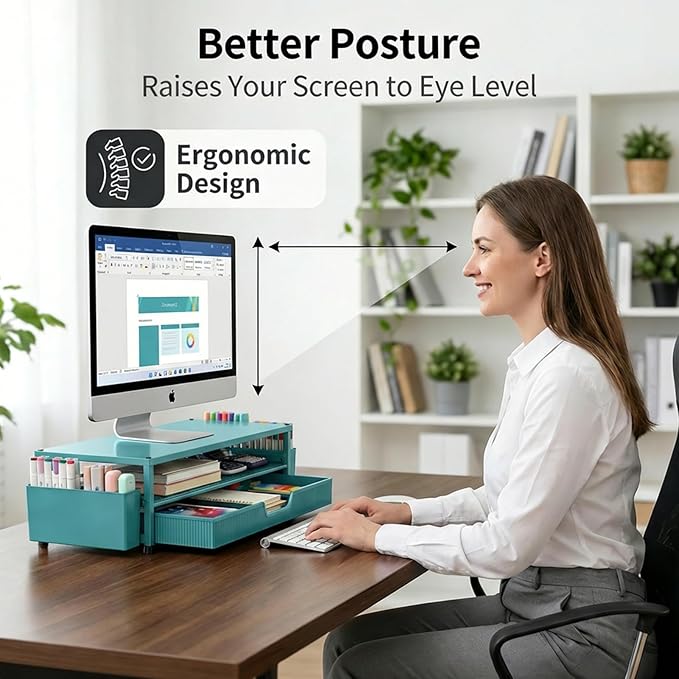 Desk Organizer and Accessories, 2-Tier Computer Monitor Stand Rise with Storage Drawer & 2 Pen Holders, Laptop & Printer Stand for Desktop, Workspace Organizers for Office Supplies (Blue)