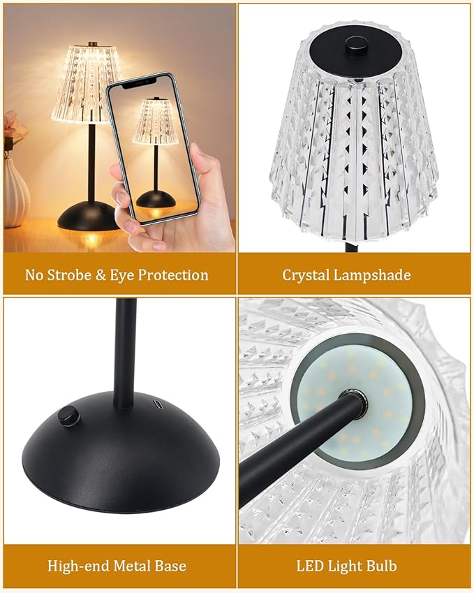 Rechargeable Cordless Table Lamp, Touch Control Crystal Desk Lamp with 3500mAh Battery, 3 Color Dimmable LED Small Lamp for Bedroom Bedside Restaurant Kitchen Home Decor, Black