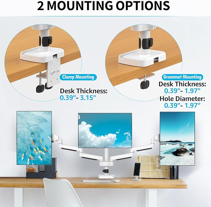 MOUNTUP Triple Monitor Stand Mount - 3 Monitors Desk Mount for Computer Screens Up to 27 inch, Triple Monitor Arm, Heavy Duty Monitors Stand, Each Arm Holds 4.4-19.8 lbs, White