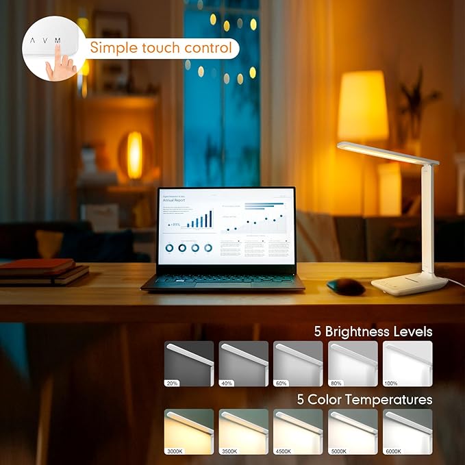LED Desk Lamp Dimmable Table Lamp with USB Charging Port, 5 Lighting Modes, Sensitive Control, Foldable Portable Desk Light for Home Office Bedroom Reading (White-Pro, Standard Size - 13.3 inch)