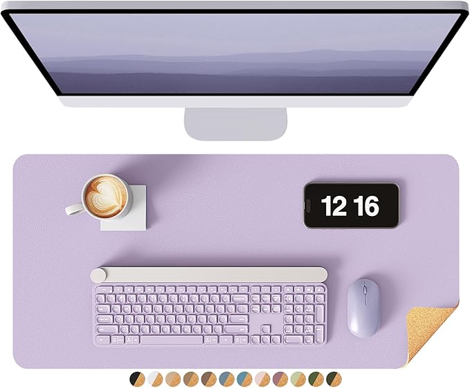 YSAGi Double-Sided Desk Pad, 23.6"x13.7"Leather Desk Mat, Eco Cork Desk Pad Protector,Large Mouse Pad,Waterproof Desk Blotter for Office/Home(Light Purple)