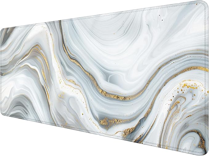 White Marble Desk Mat Abstract Gold Striped Extended Gaming Mouse Pad Mat with Stitched Edge Non-Slip Base Big Mouse Pad 31.5"x11.8" Office Computer Keyboard Laptop Home
