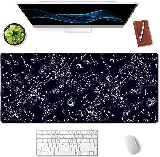SSOIU Extended Gaming Mouse Pad (35.5x15.7 in), Large Stable Rubber Base Mousepad with Stitched Edges, Keyboard Mouse Mat Desk Pad for Work, Game, Office, Home - Space Galaxy Constellation