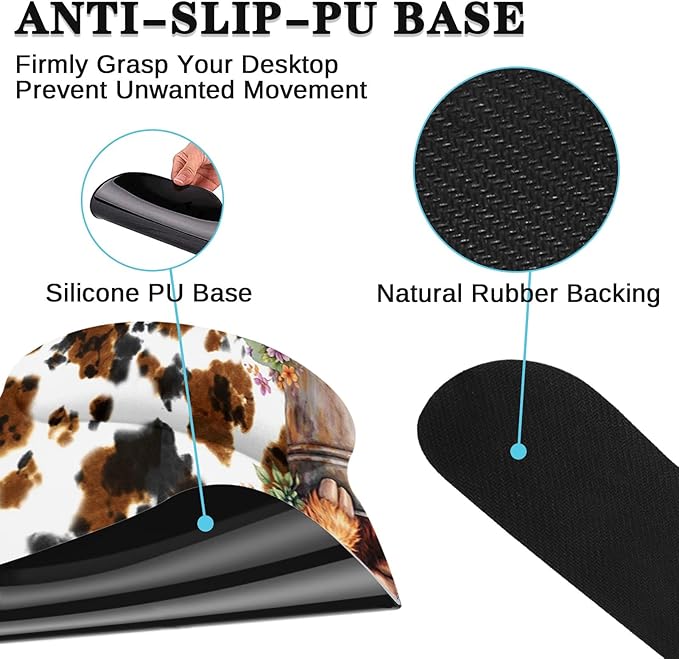 Arttown Highland Cow Flower Desk Mat Leaves Cartoon Print Mouse Pad Set 4 in 1 Ergonomic Design Large Mousepad + Keyboard Wrist Rest + Mouse Wrist Rest + Coaster Suitable for Home Office Study Game