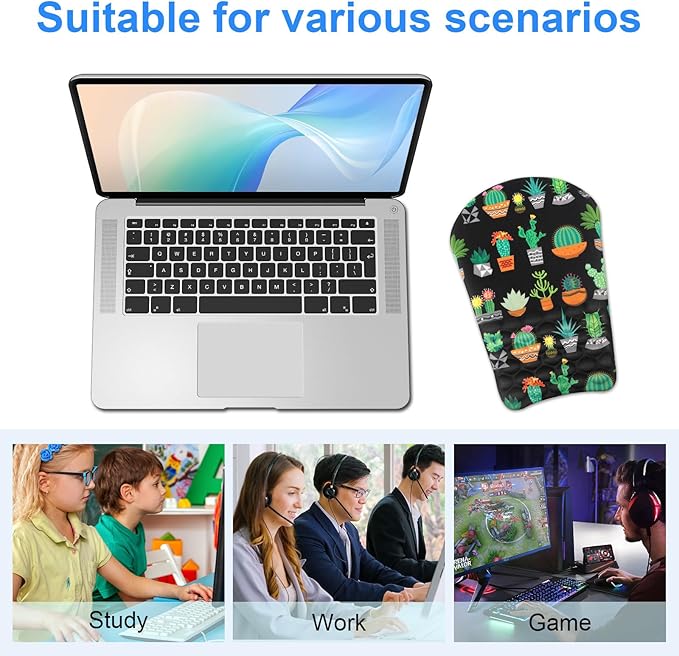 Ergonomic Wrist Mouse Pad with Massage Design, Wrist Rest Mousepad with Memory Foam Non-Slip PU Base, Mouse Pad with Wrist Support for Wireless Mouse & Desk, Y Potted Cactus