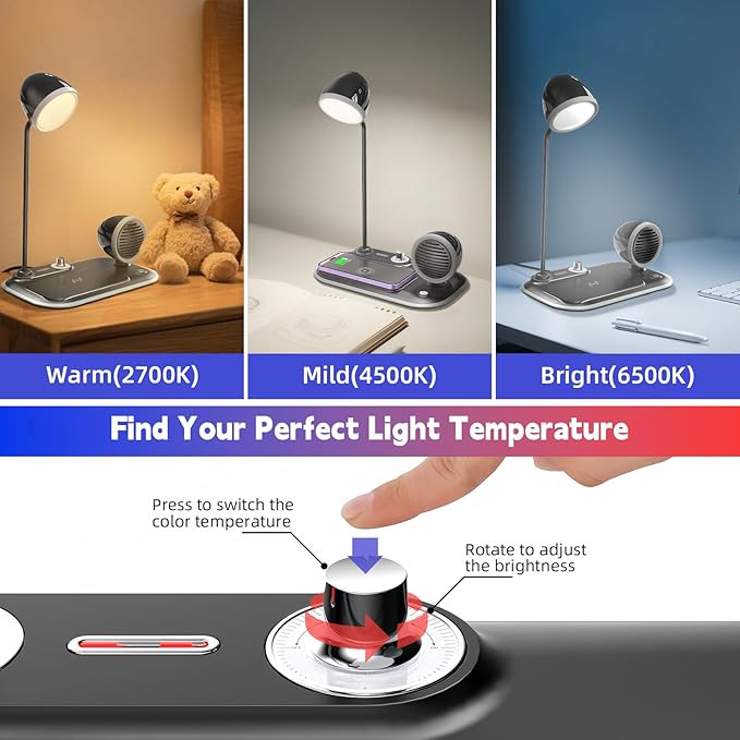 3-in-1 LED Desk Lamp with 15W Wireless Charger & Exclusive Bluetooth Speaker, 360° Gooseneck, 3 Color Modes Dimmable, 800LM CRI 85, Space-Saving for Home Office, Dorm, Bedroom (Black)