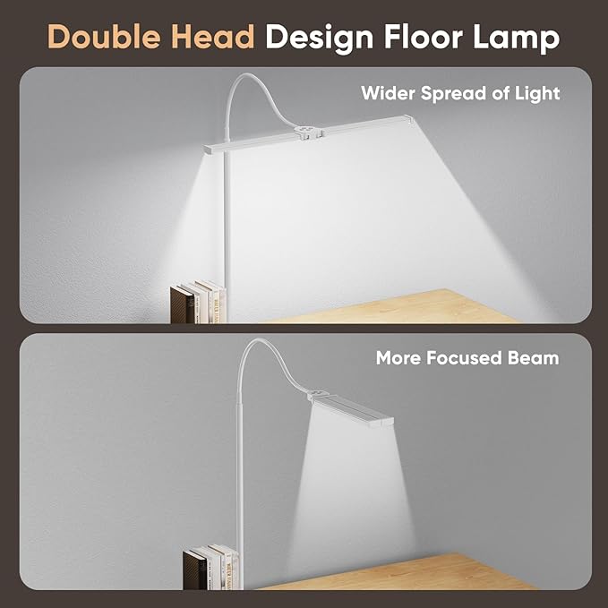 LED Floor Lamp for Living Room, Bright Reading Lamps for Office, Adjustable Colors Temperatures&Brightness, Dual Head Goose Neck Standing Lamp, Remote and Button Control, Eye-Caring Tall Lamp, White