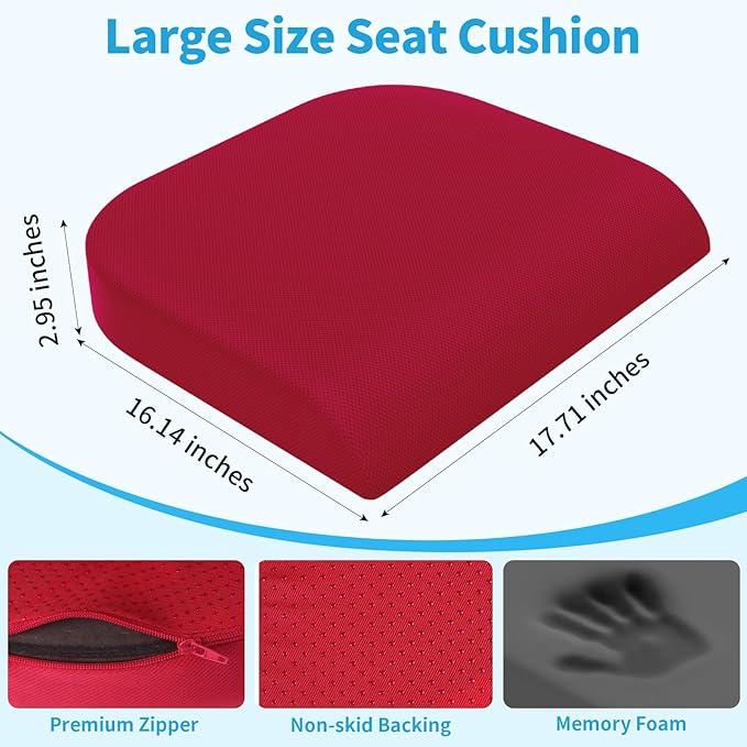 Large Seat Cushion, Memory Foam Cushion for Long Sitting Hours on Office Chair, Home & Car, Non-Slip Chair Pad for Relieving Back & Sciatica & Hip & Coccyx Pain (Red)