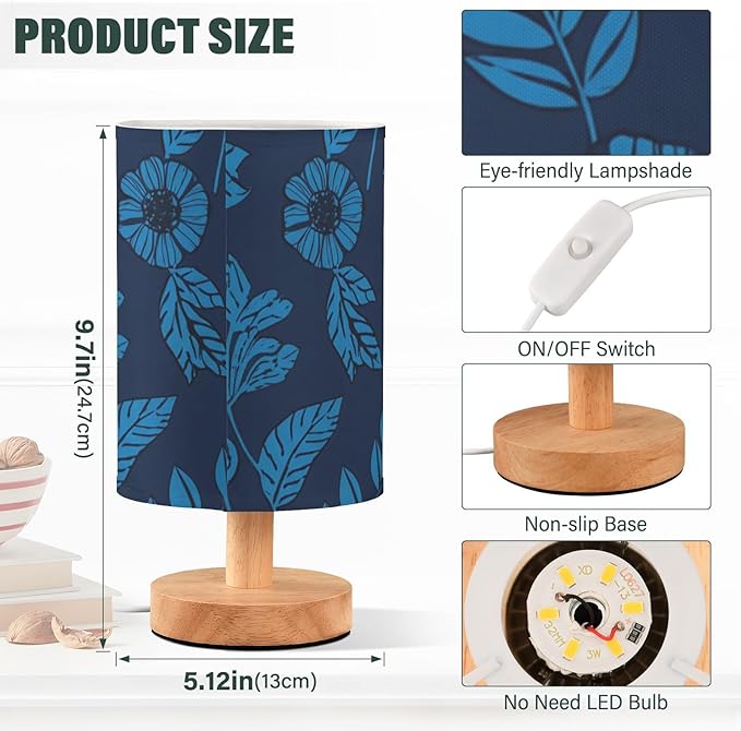 Blue Floral LED Table Lamp, Bedside Lamp with Linen Lampshade, Flicker-Free Eye Care USB Plug in Nightstand Lamp, for Bedroom and Office