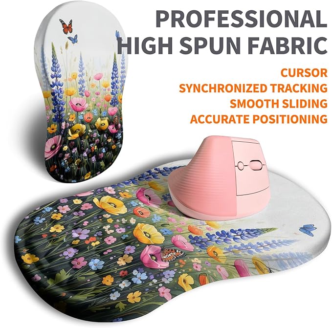 Ergonomic Joint Wrist Support Mouse Pad with Memory Foam Cushion Massage Bump, Carpal Tunnel Mousepad Slope Design for Wrist Rest, 11.8x7.9 in, Wild Flower