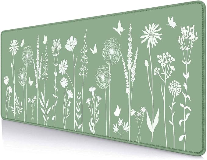 IMAYONDIA Cute Sage Green Desk Mats Mousepad, Plant Floral Anime Deskmat, Aesthetic Desk Pad, Minimalist Mint White Leaves Large Gaming Mouse Pad, Decor Accessories, 31.5 X 11.8