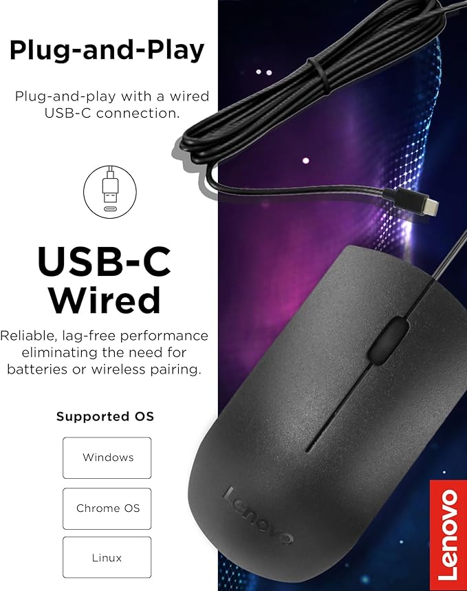 Lenovo USB-C Wired Mouse, Full Size, Ambidextrous Design, Black, Ergonomic Shape, Precision Sensor, Plug-and-Play for Right and Left-Handed Users, Durable Performance Gaming PC