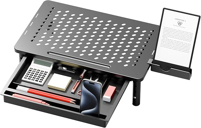 Computer Monitor Stand Riser with Storage, 3 Height Adjustable Laptop Desktop Monitor Stand with Drawer, Metal Short Printer Table, Stand Riser for Desk, Office Desk Organizers and Accessories, 1 Pack