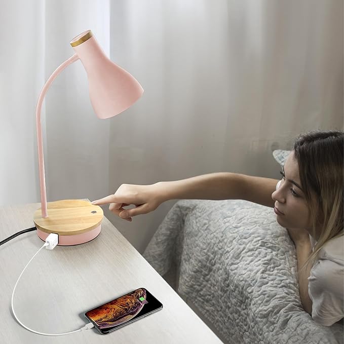 Metal Desk Lamp Wireless Charging Table Lamp Touch Reading Lights Arc Desk Lamps for Bedroom, 3 Way Dimmable Bedside Lamp with USB Charging Ports Lamp for Study Room and Office (Touch-Pink)