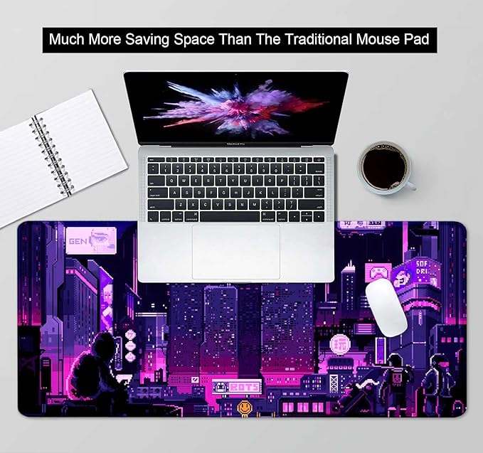 Purple Japanese Anime Large Gaming Mouse Pad for Desk, Retro Vaporwave Mousepad, Tokyo Street Pixel Art Desk Pads, Computer Mouse Pad XL Big, Skyline City Desk Mat, 35.4 x 15.7 in