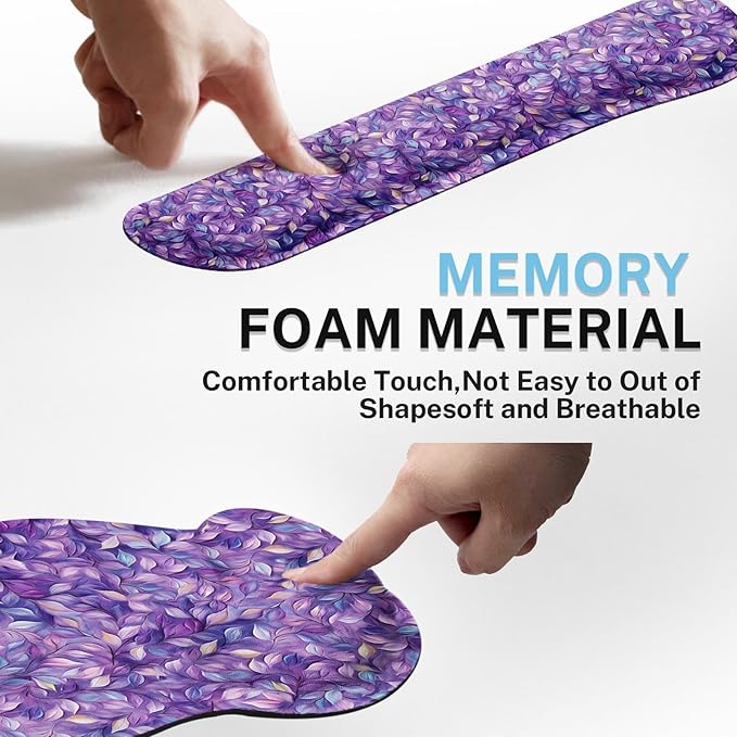 Britimes Purple Leaves Oil Painting Ergonomic Mouse Pad Set with Wrist Rest Non-Slip Rubber Base Wrist Cushion Support and Coasters Mousepad with Wrist Support for Computer Keyboard and Desk