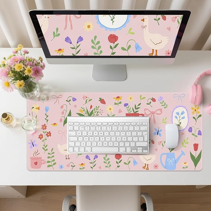 Desk Mat, Leather Desk Pad Blotter Protector, XXL Large Mouse Pad,Computer Laptop Mouse Pads for Desktop,Waterproof Writing Anti-Slip Mousepad for Office and Home I Pink Animals & Flowers