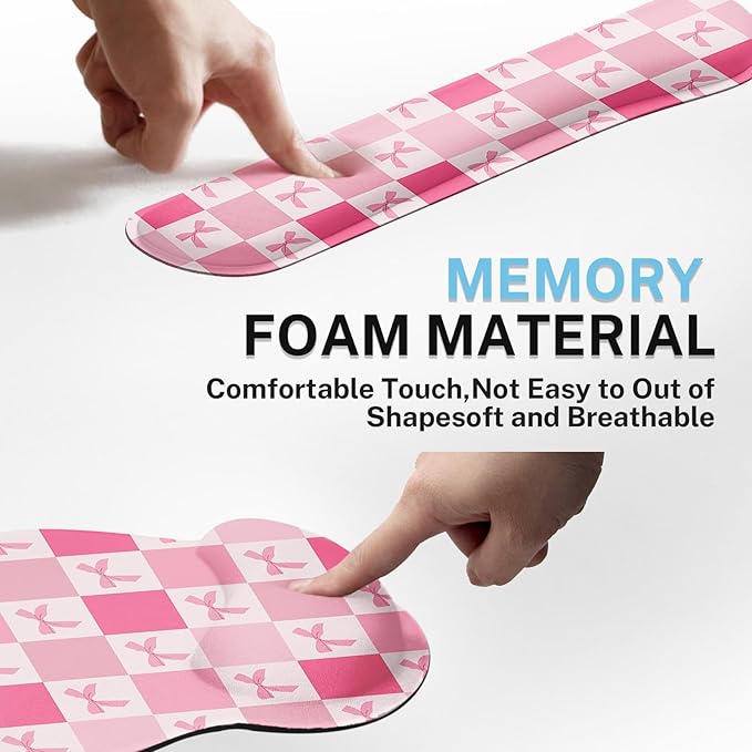 Britimes Pink Bow Checkered Cute Retro Kawaii Ergonomic Mouse Pad Set with Wrist Rest Non-Slip Rubber Base Wrist Cushion Support and Coasters Mousepad with Wrist Support for Computer Keyboard and Desk