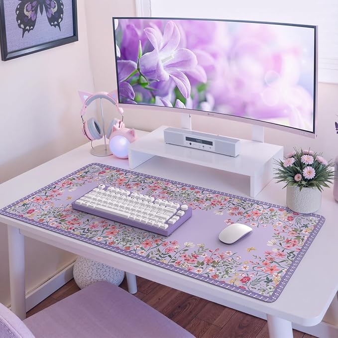 iCasso Desk Mat for Keyboard and Mouse,Cute Desk Pad Large,Anti-Slip Floral Computer Mat for Women,Girly Gaming Mouse Pad for Home Office (Purple)