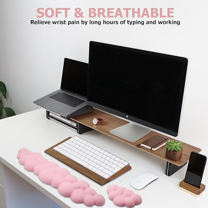 Ergonomic Keyboard Wrist Rest, PU Leather Memory Foam Cloud Wrist Rest for Computer Keyboard, Mouse Wrist Rest and Keyboard Pad for Gaming, Office, Computer, Laptop, Typing, Pastel Pink