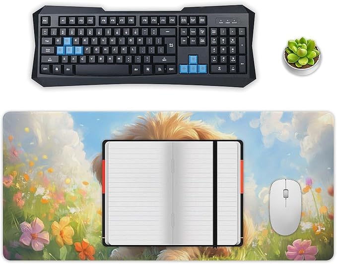 Large Ergonomic Gaming Mouse Pad Happy Puppy in Sunny Field - Lovable Dog Theme with Non-Slip Base Water-Resistant Surface and Stitched Edges 40x90cm