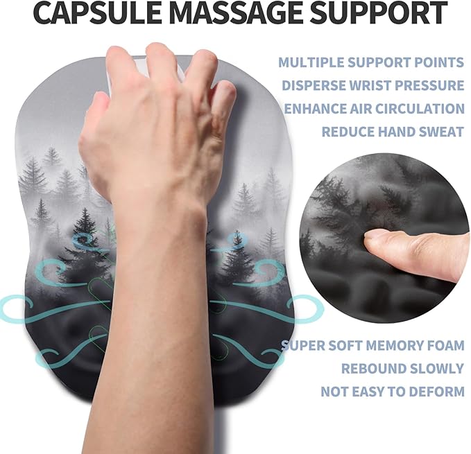Ergonomic Raised Mouse Pad Wrist Support with Bilateral Slope Memory Foam Mousepad for Wrist Rest and Carpal Tunnel Support 11.8x7.9〃Forest