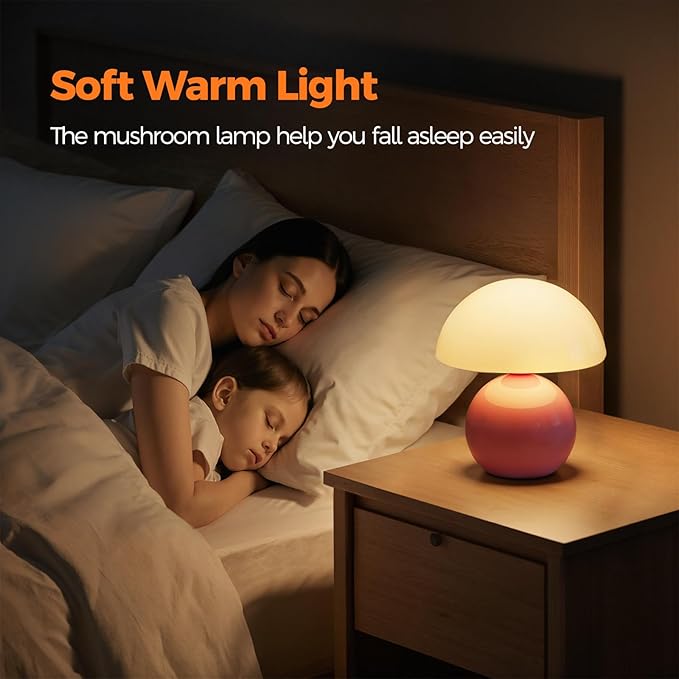NIORSUN Mushroom Lamp Table Lamp for Bedroom, Portables Cordless Table Lamp,Wireless lamp,Small Bedside Table Touch Lamps for Living Room,Mini Mushroom 5200mAh Battery Operated Lamp Modern Pink