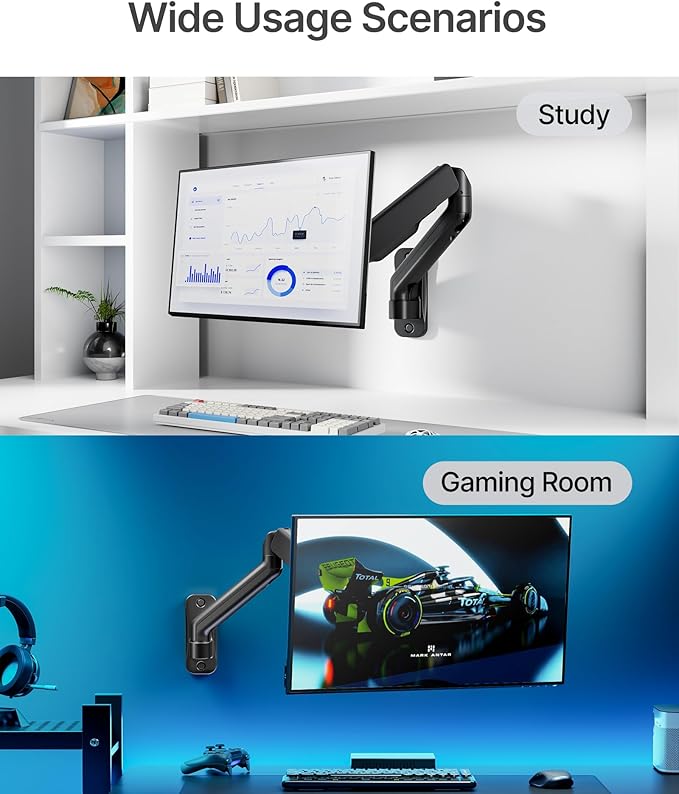 monTEK Single Monitor Wall Mount for 17 to 32 inch Flat/Curved Screens, Holds to 19.8 lbs, Full Motion Adjustable Mechanical Spring Monitor Arm, 75x75/100x100 VESA Wall Mount, Black