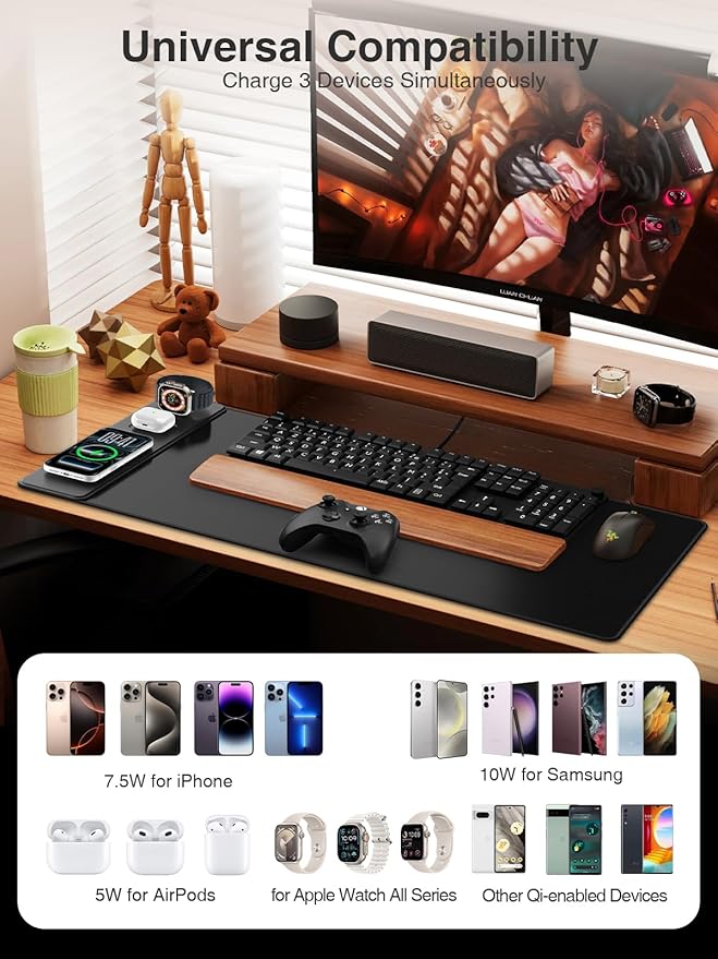 4-in-1 Mouse Pad with Magnetic Wireless Charging, 31.5"x15.8" Large Desk Mat for Laptop/Keyboard, Waterproof Smooth Surface, Non-Slip Base, with Adapter
