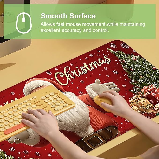 Desk Mat, XXL Extended Gaming Pad for Desktop, 31x12 Inches Jolly Santa with Tree, Large Non-Slip Vegan Leather Surface with Stitched Edges, Keyboard Mouse Mat for Home Office