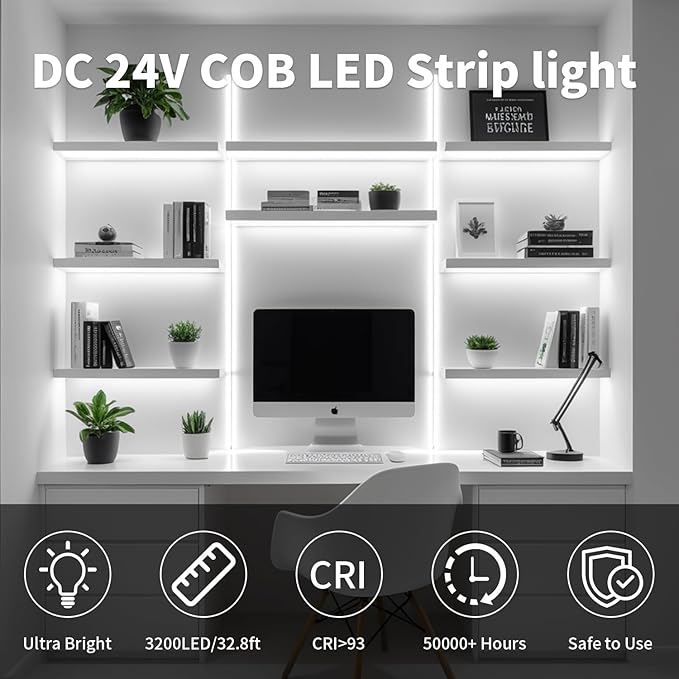 32.8FT/10M COB LED Strip Light, Cold White 6000K LED Tape Lights, 8mm Width, CRI93+ Dimmable Flexible Lights Strip for Bedroom TV Backlight Cabinet Kitchen Mirror Decor(with Plug)