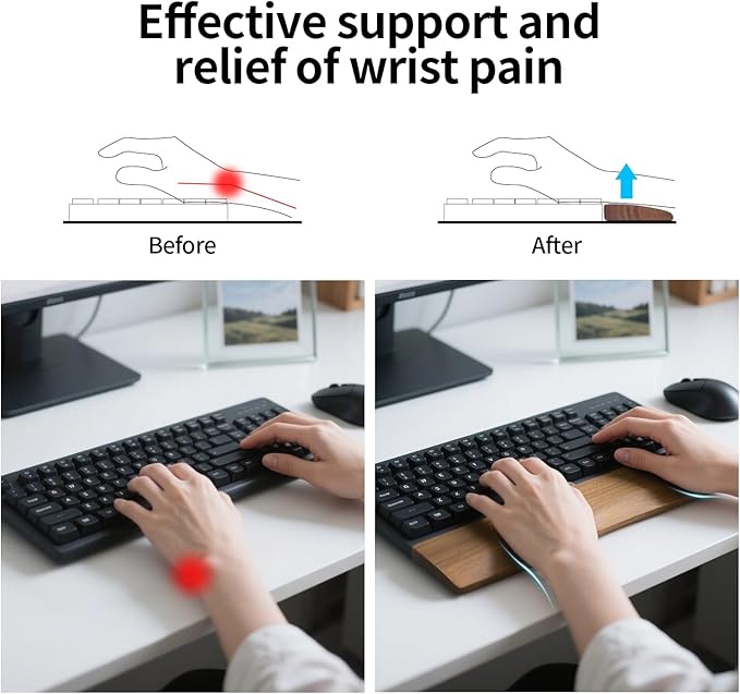 Walnut Wooden Wrist Rest for Mechanical Keyboard, Ergonomic Design for Wrist Pain Relief, Smooth No Odor and Easy to Clean, Support Wrist to Coding Typing and Playing (for 60-68 Key)