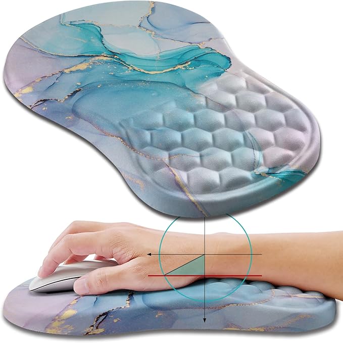 Hokafenle Ergonomic Mouse Pad Wrist Support, Wrist Rest Mousepad for Carpal Tunnel with Integrated Memory Foam Slope Massage Bulge (11.8x7.9 inch,Blue Marble)