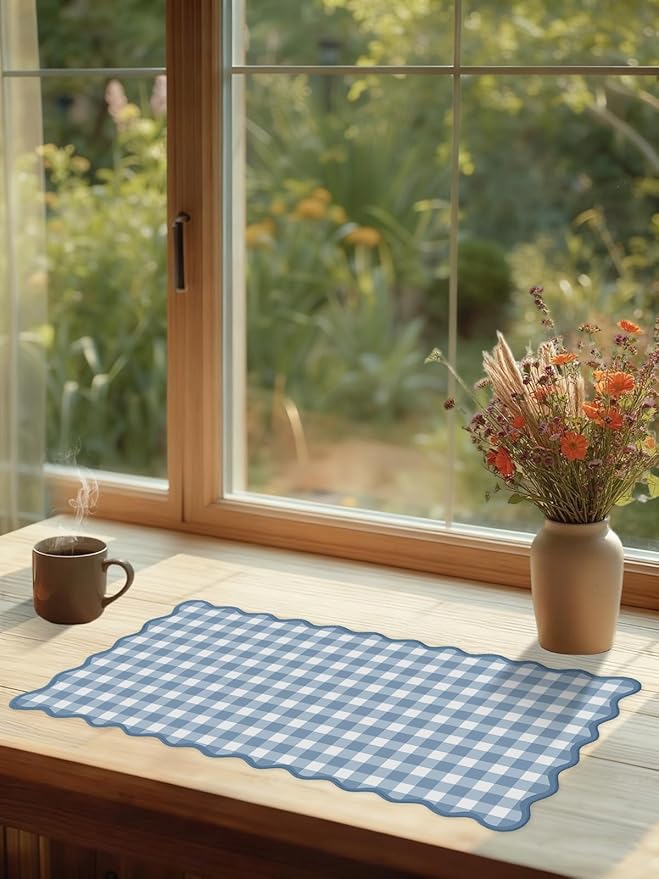 Scalloped‌ Blue Checkered Gingham Desk Mat Cute Pastel XXL Large Gaming Mouse Pad Kawaii Cottagecore ‌Vintage‌ Rustic Keyboard Computer Mat Aesthetic Desk Pad Accessories Office Decor