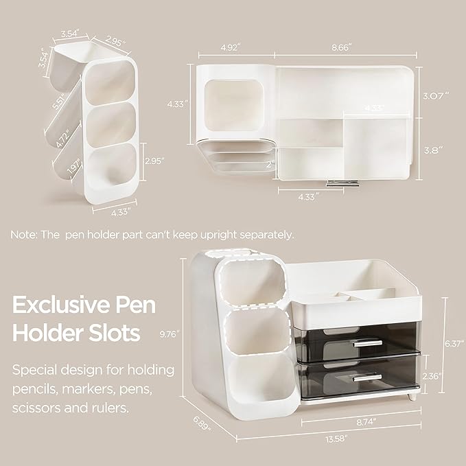 HBlife Desk Organizer with Pen Pencil Holder for Desk, Pen Organizer with 2 Drawers, Desk Organizers and Accessories with 4 Compartments, Desktop Storage for Office Home School Art Supplies, White