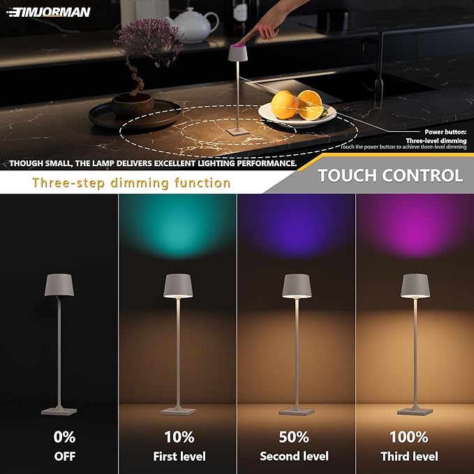 Compact Cordless Table Lamp, Rechargeable LED Night Light, Dual Light Source (RGB Top & Warm Bottom), Touch Control & Timer, Metal Lamp for Bedroom & Kids Room (Greige 1PACK)